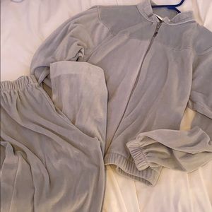 Light grey velour tracksuit.